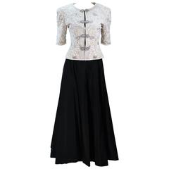 Vintage OSCAR DE LA RENTA Black Satin Gown and Embellished Jacket Ensemble Size 8
