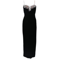 CAROLYN ROEHM Black Velvet Gown with Bows & Embellished Neckline Size 6-8
