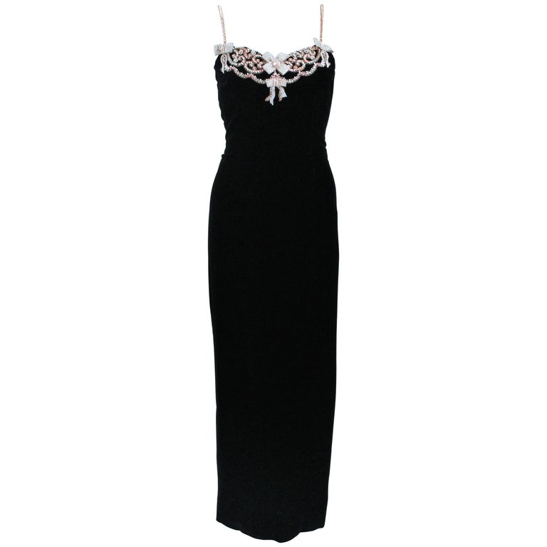 CAROLYN ROEHM Black Velvet Gown with Bows and Embellished Neckline Size ...