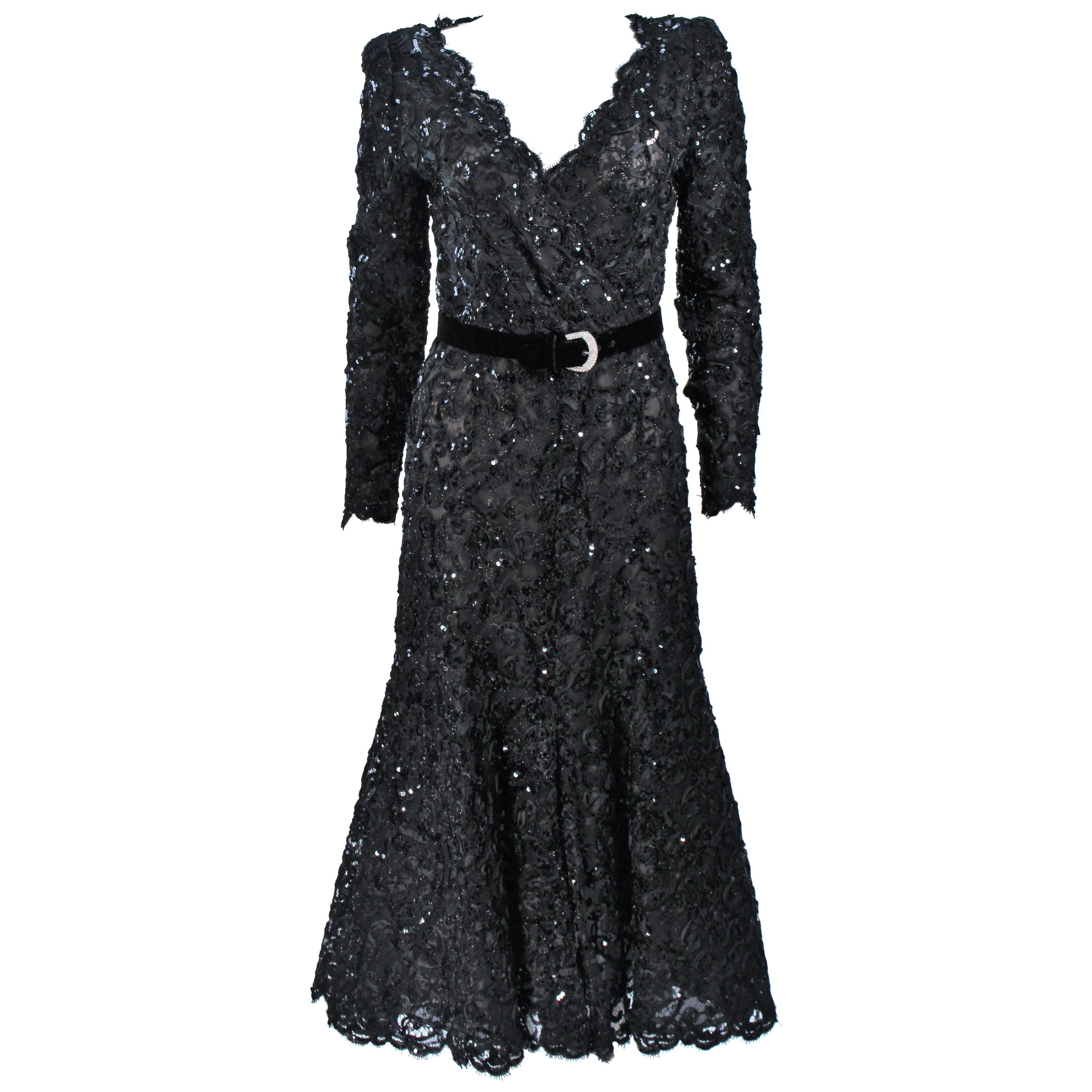 OSCAR DE LA RENTA Black Lace Sequin Gown with Rhinestone Belt Size 6-8 For Sale