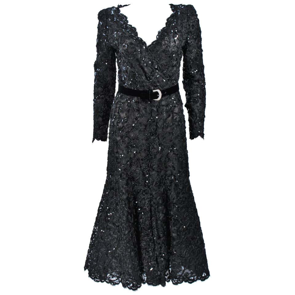 1990s Oscar De La Renta Blue Velvet Dress with Decadent Embellished ...