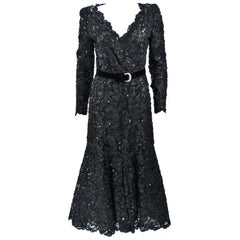 Vintage OSCAR DE LA RENTA Black Lace Sequin Gown with Rhinestone Belt Size 6-8