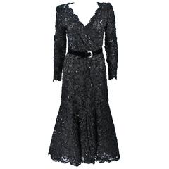 OSCAR DE LA RENTA Black Lace Sequin Gown with Rhinestone Belt Size 6-8 10