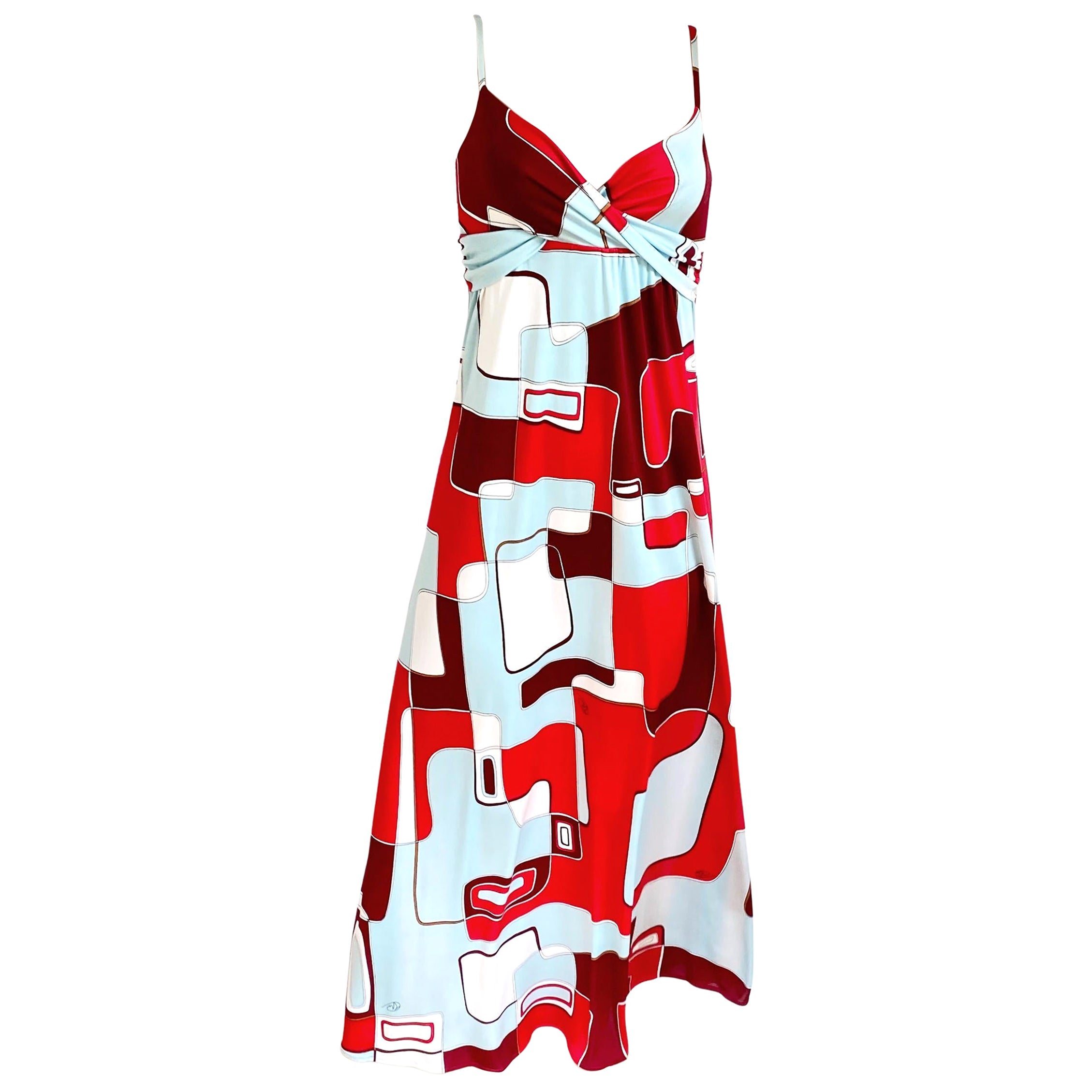 Red Aqua Art Print FLORA KUNG Boho Maxi Silk Cami Dress NWT For Sale