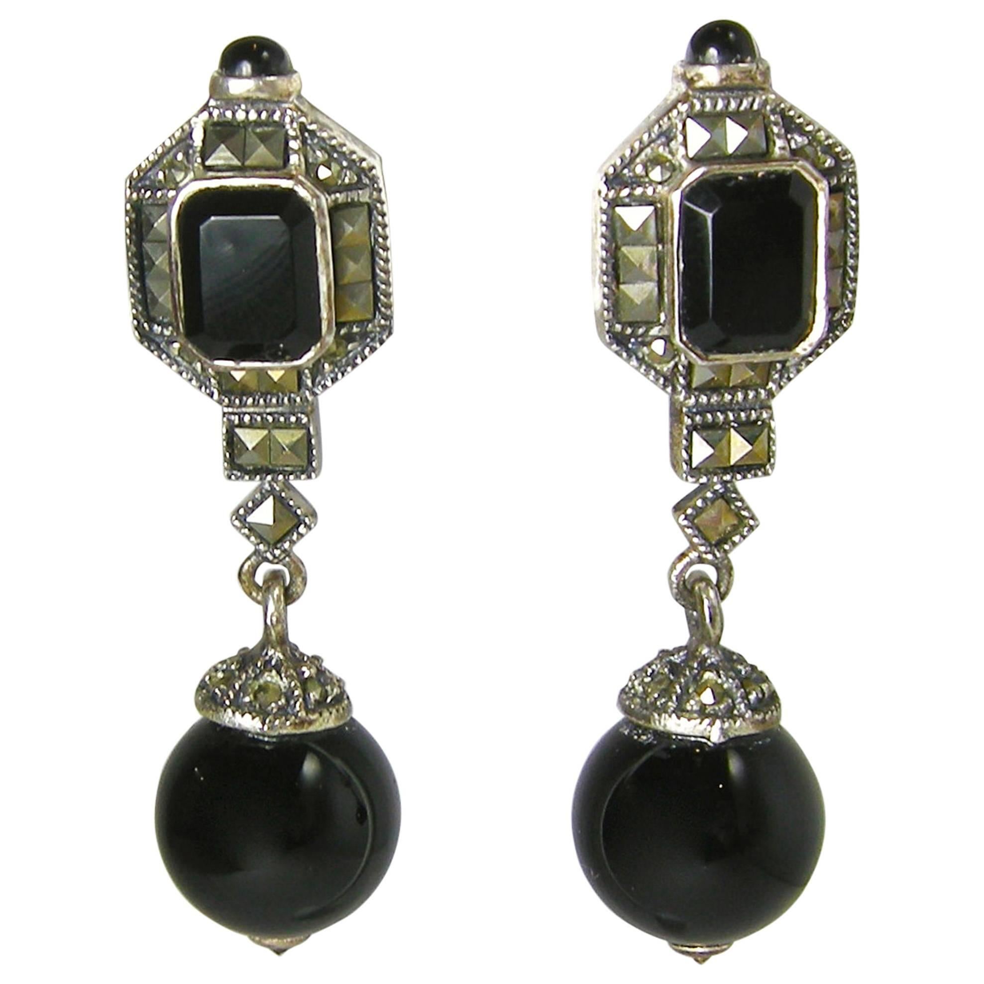Onyx Marcasite Sterling Silver Vintage Earrings For Sale