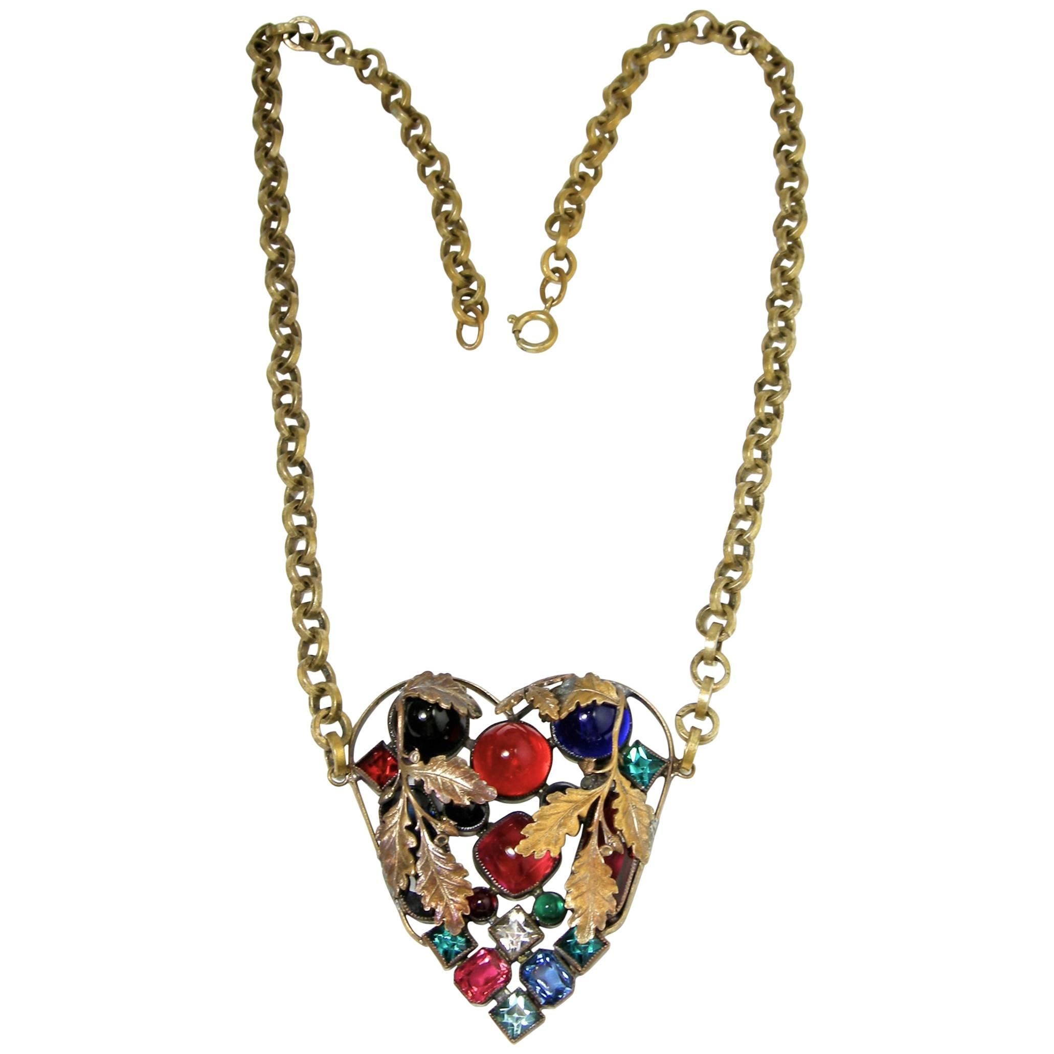 Vintage Art Deco 30s Czech Multi-Color Heart Pendant Necklace