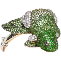 Green & White Crystal Frog Cuff Bracelet