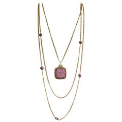 Vintage Signed Goldette Intaglio 3-Strand Pendant Necklace