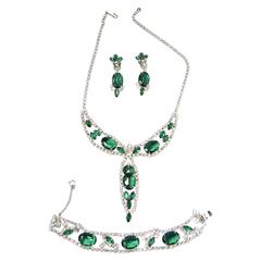 Vintage 1960s Green & Clear Rhinestone Necklace, Bracelet & Earrings