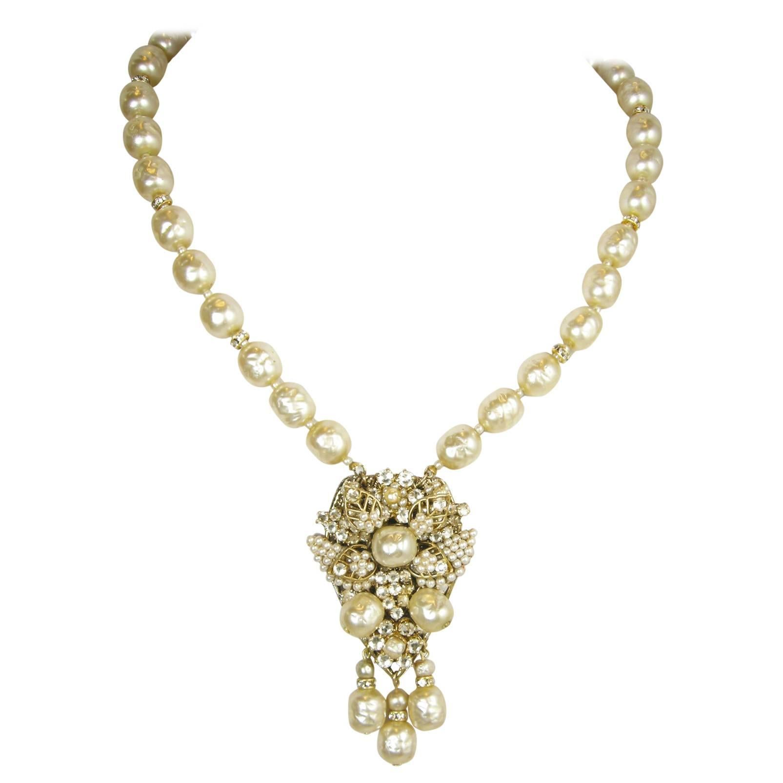 Vintage Miriam Haskell Faux Baroque Pearl Pendant Necklace