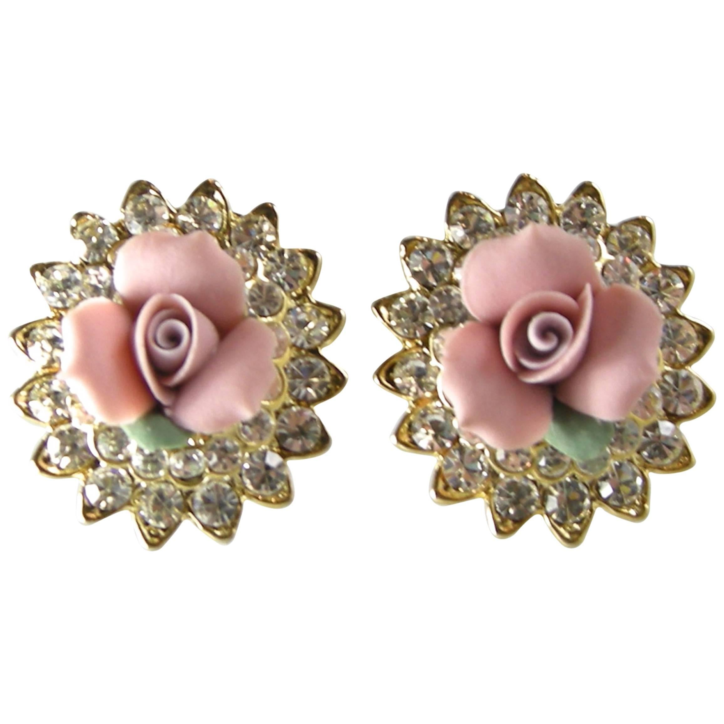 Kenneth Jay Lane Pink Flower Earrings For Sale