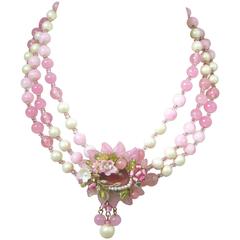 Vintage Miriam Haskell Pink Glass & Pearl Necklace