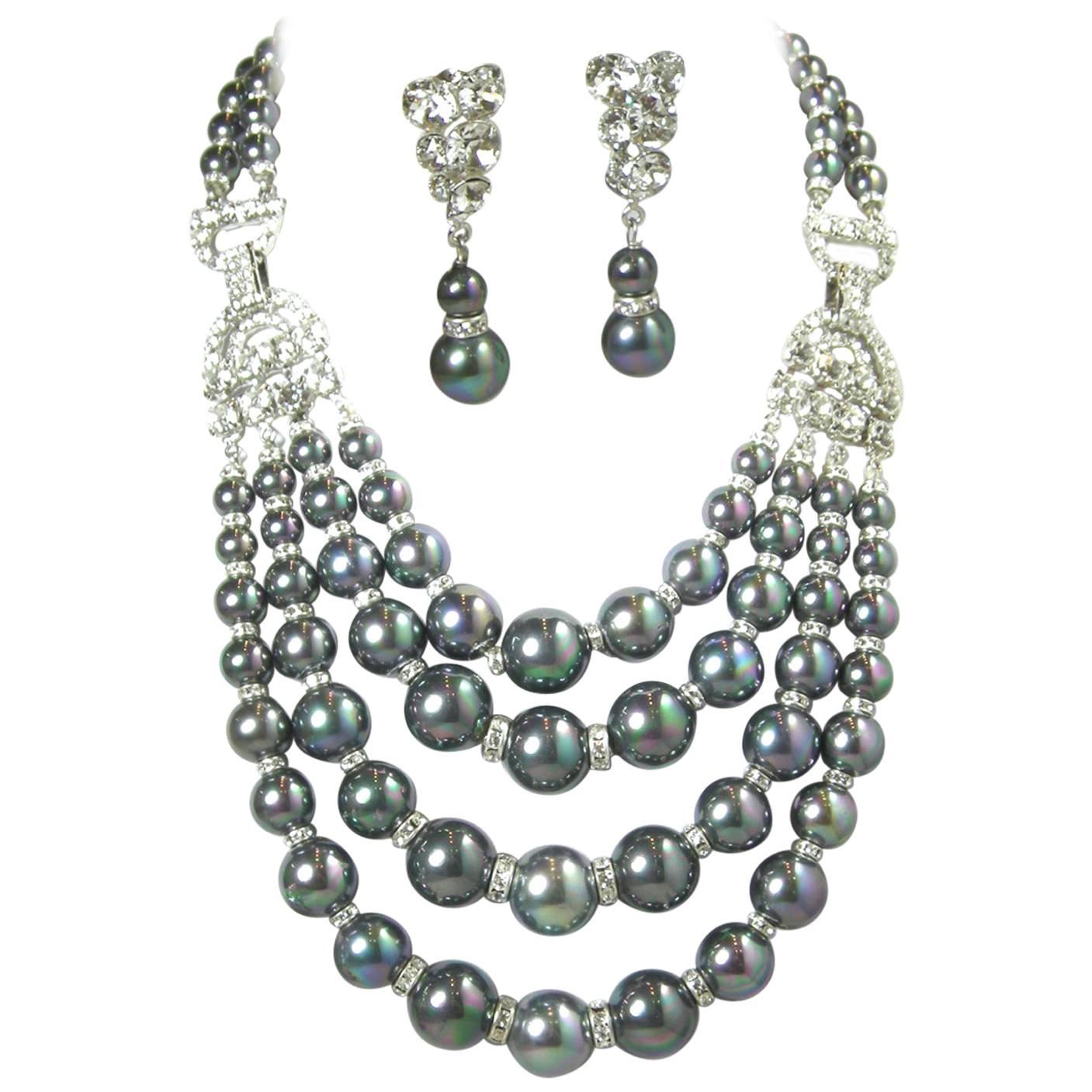 One-Of-A-Kind Robert Sorrell Tahitian Pearl and Crystal Necklace Set For Sale