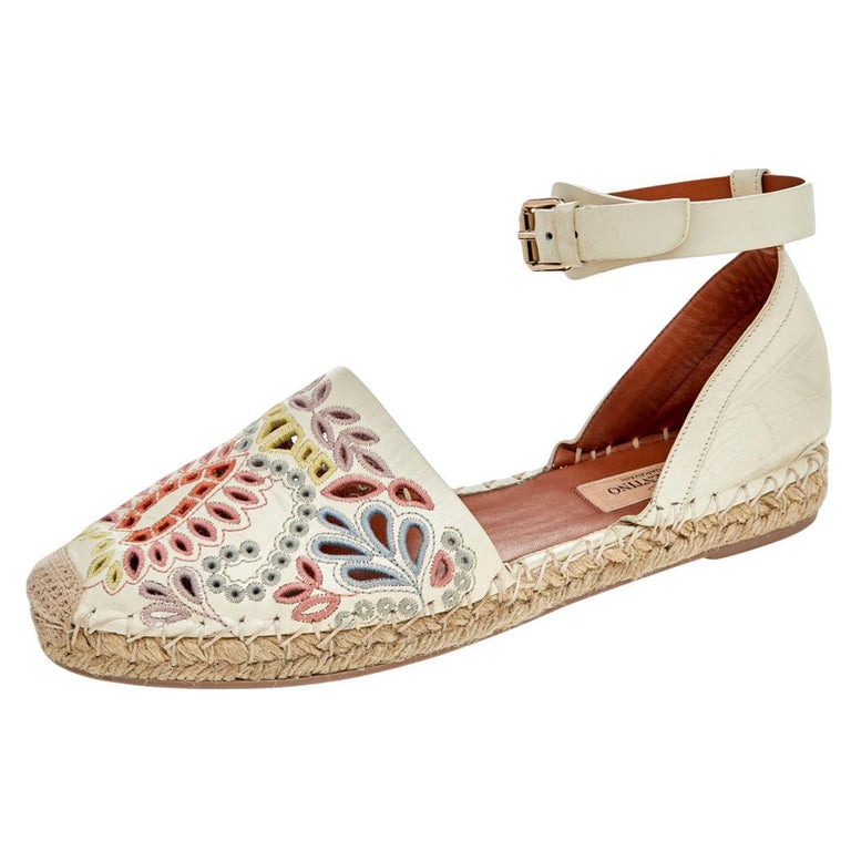 Valentino Embroidered Leather Ankle Strap Flat Espadrille Flat Sandals Size  37 at 1stDibs