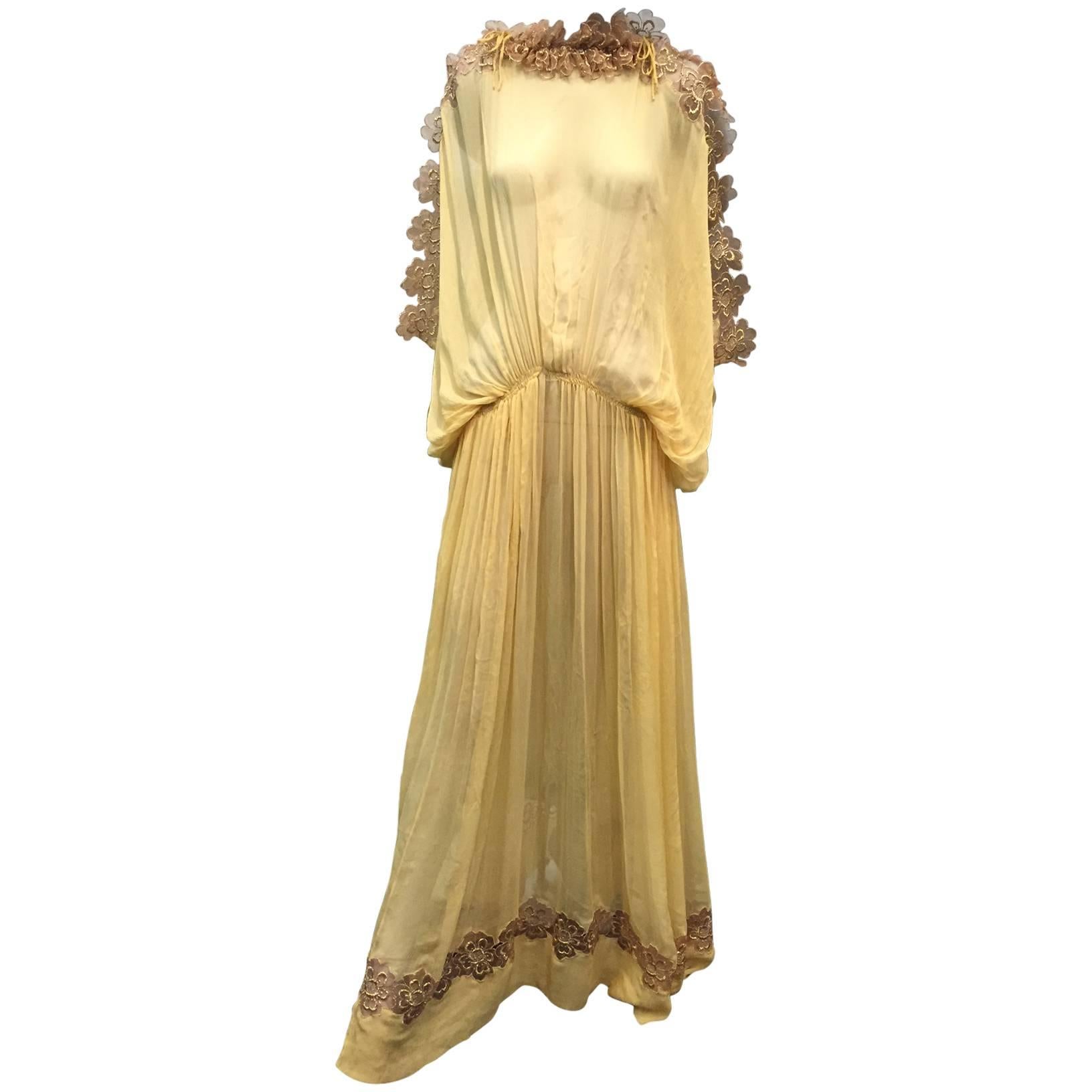 1970s Gunn Trigere Honey-Color Silk Chiffon Goddess Gown w/ Lamé Lace Trim