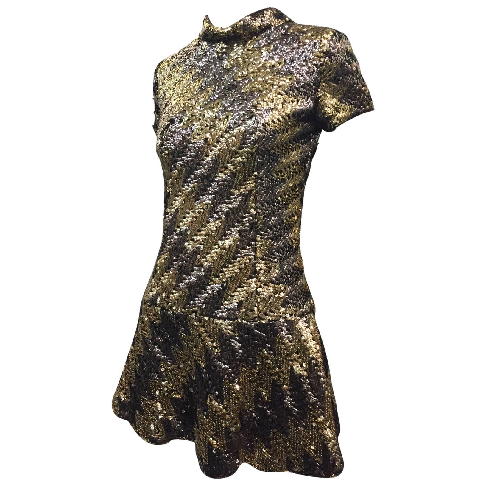 1960s Pat Sandler Silver and Gold Sequin Micro Mini Dress