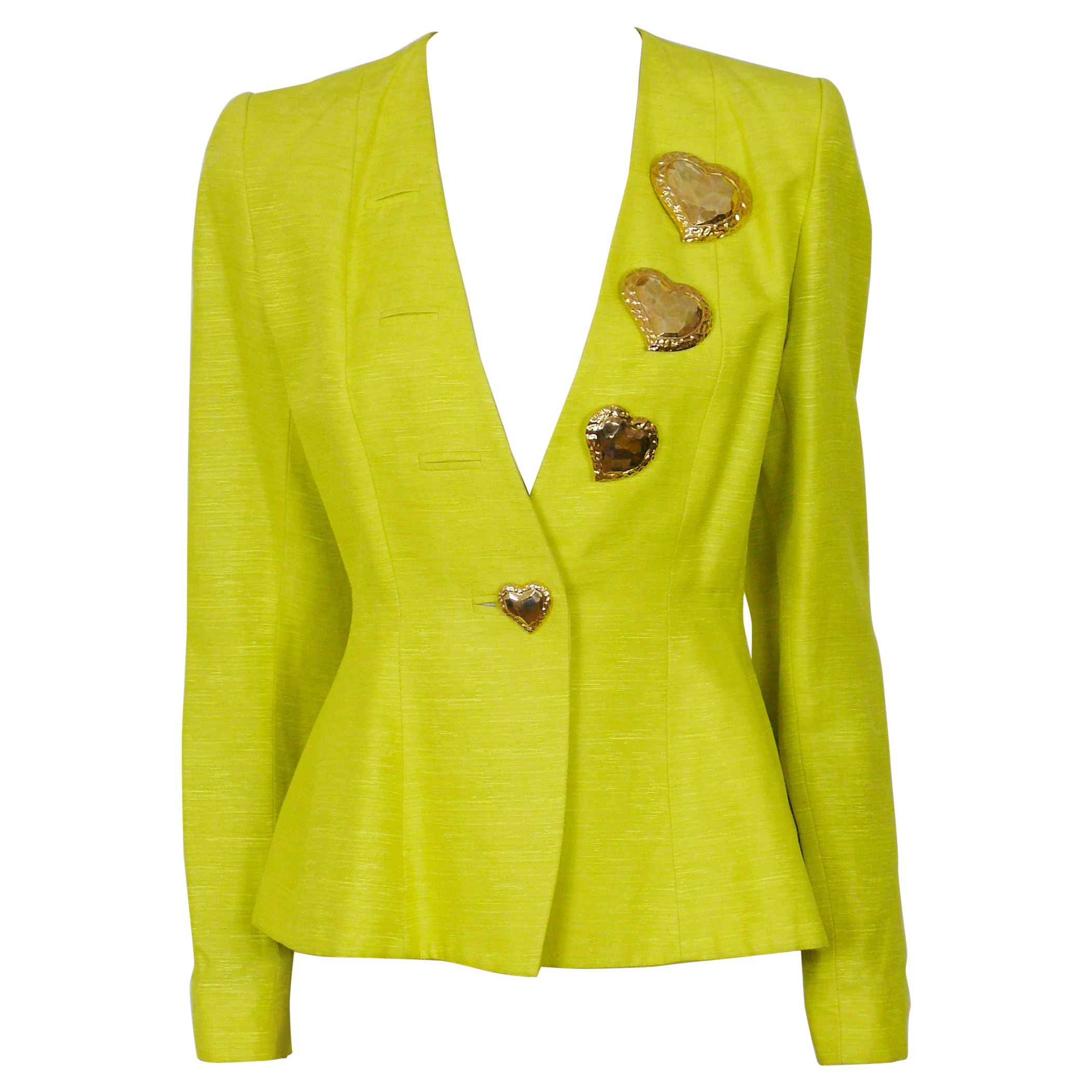 Veste Yves Saint Laurent YSL vintage vert citron avec appliques en forme de cœur, taille US 6 en vente