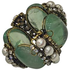 Iradj Moini Massive Bracelet with Green Cabochon Quartz  Pearls and Topaz 