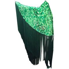 Vintage 1950s Emerald Cabbage Rose Print Taffeta Shawl w/ Sequins and Rayon Fringe