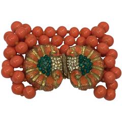 1960s Mimi Di N Coral Glass Multistrand Bead Bracelet w/ Shell Motif Clasp