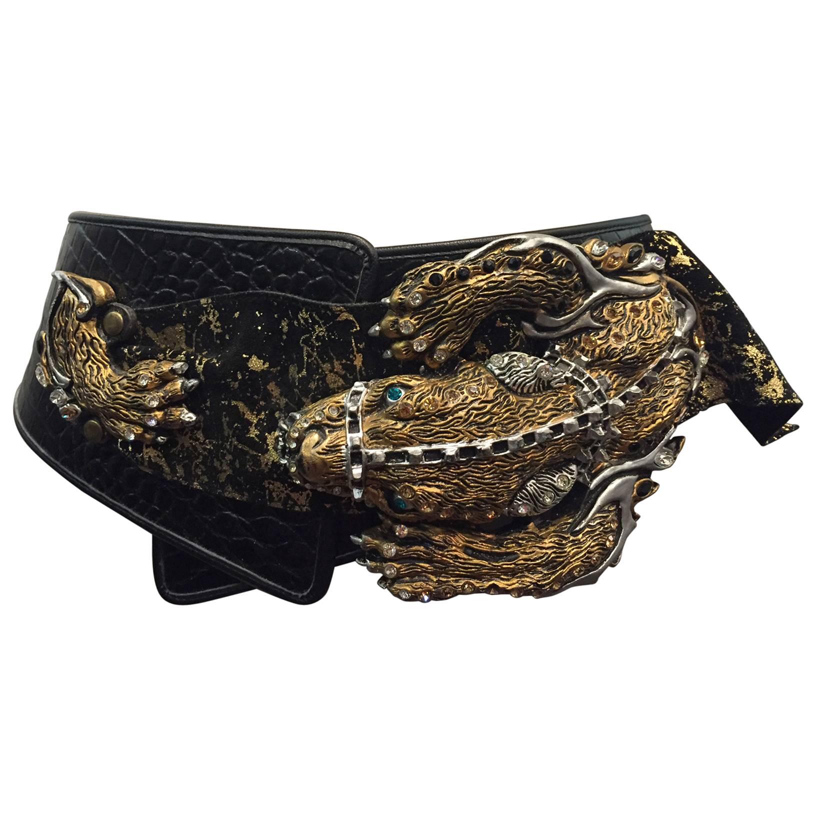 1980s Faux Alligator Sculpted Hip Belt w/ Large 3-Dimensional Jeweled Dragon 