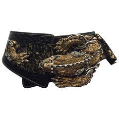 Vintage 1980s Faux Alligator Sculpted Hip Belt w/ Large 3-Dimensional Jeweled Dragon 