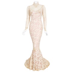 Vintage 1969 Gypsy Rose Lee Custom Couture Ivory Lace & Pink Silk Victorian Gown