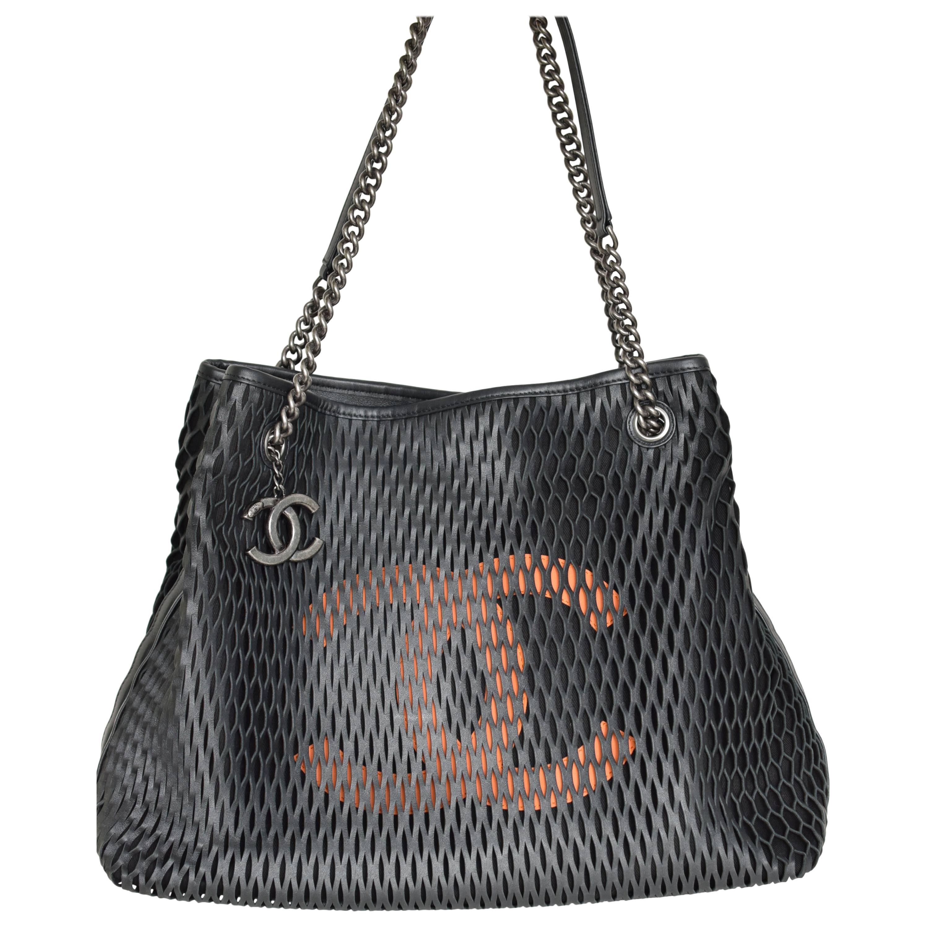 New Chanel Black Shopping Bag w/Orange CC logo