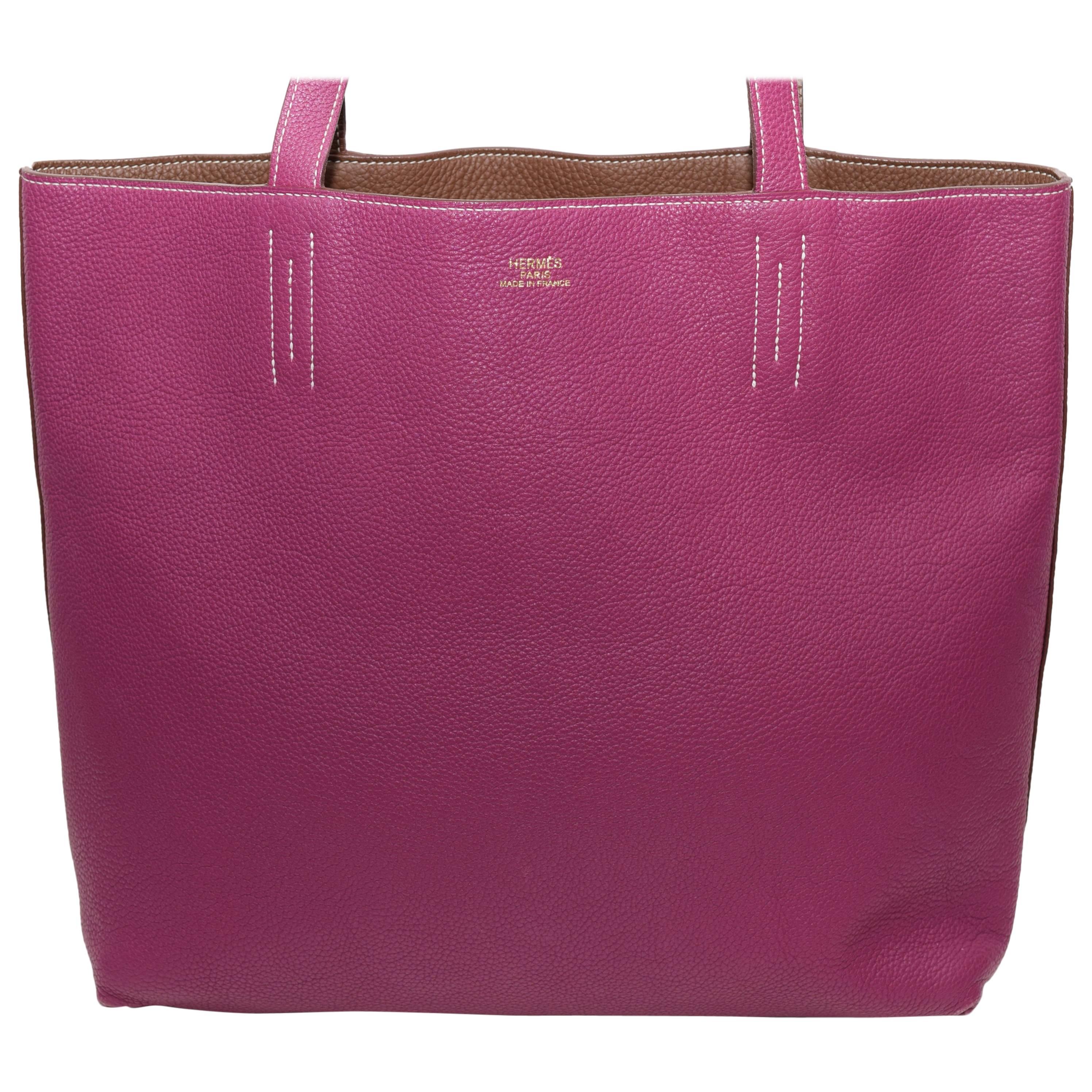 Hermes 2013 Tosca Pink & Brown Reversible Leather Double Sens Tote Bag For Sale