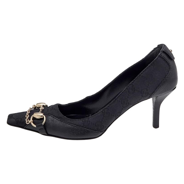 Gucci Black GG Canvas And Leather Horsebit Pumps Size 37.5 For Sale