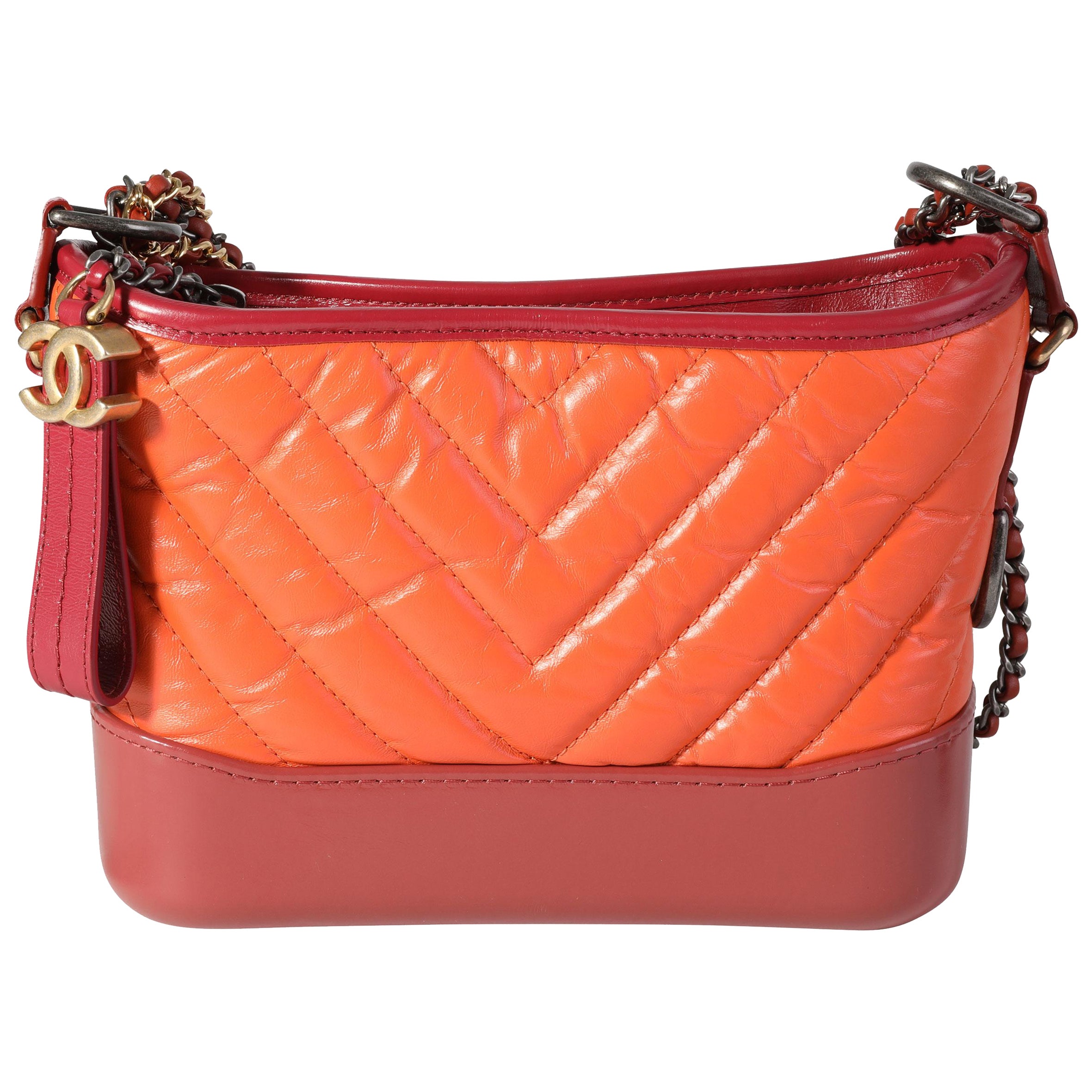 Chanel Orange and Red Aged Calfskin Chevron Quilted Small