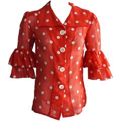 YVES SAINT LAURENT Sheer Embroidered Polka Dot Blouse with Ruffle Detail