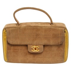 Vintage Chanel Beige Quilted Suede Chocolate Bar CC Top Handle Bag (CC Snap Replaced)