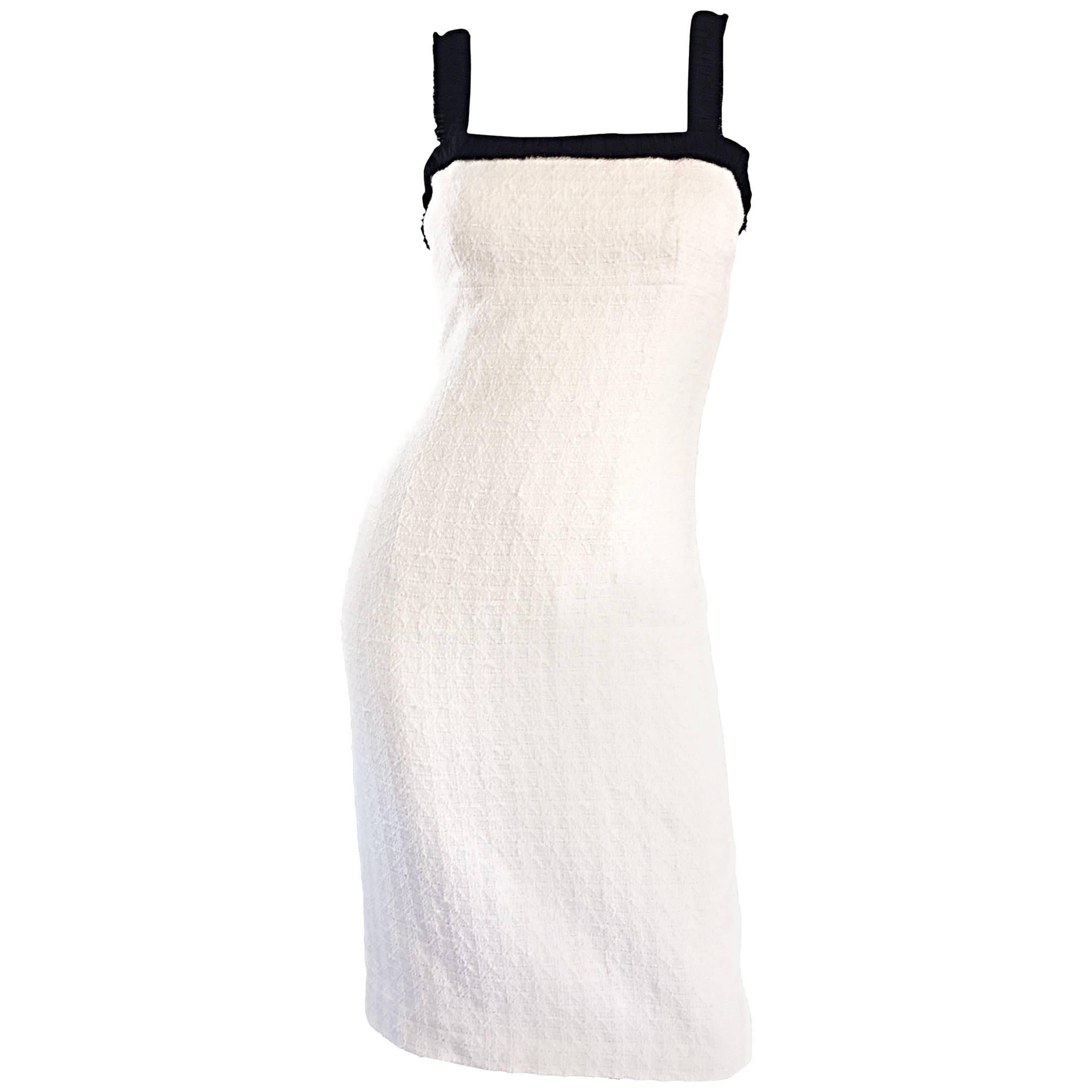 Michael Kors Collection Size 4 White and Black Textured Cotton + Silk Dress For Sale