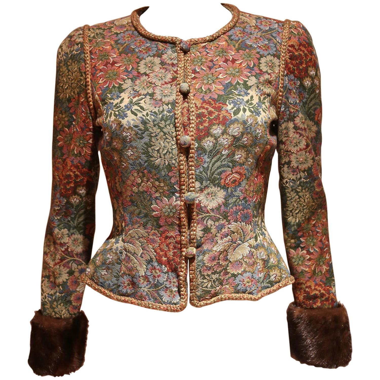 Tapestry jacket with mink fur, c. 1950s at 1stdibs