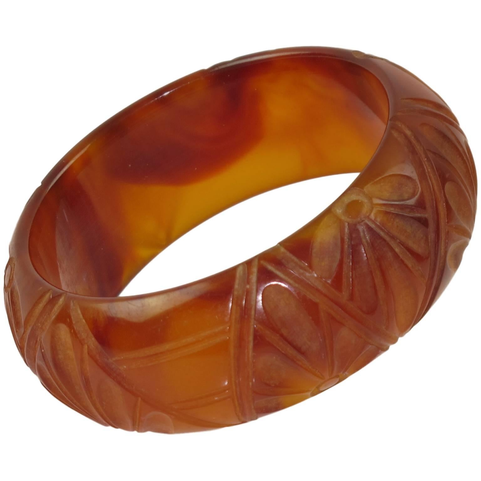 Bakelite Carved Bracelet Bangle rootbeer & amber marble