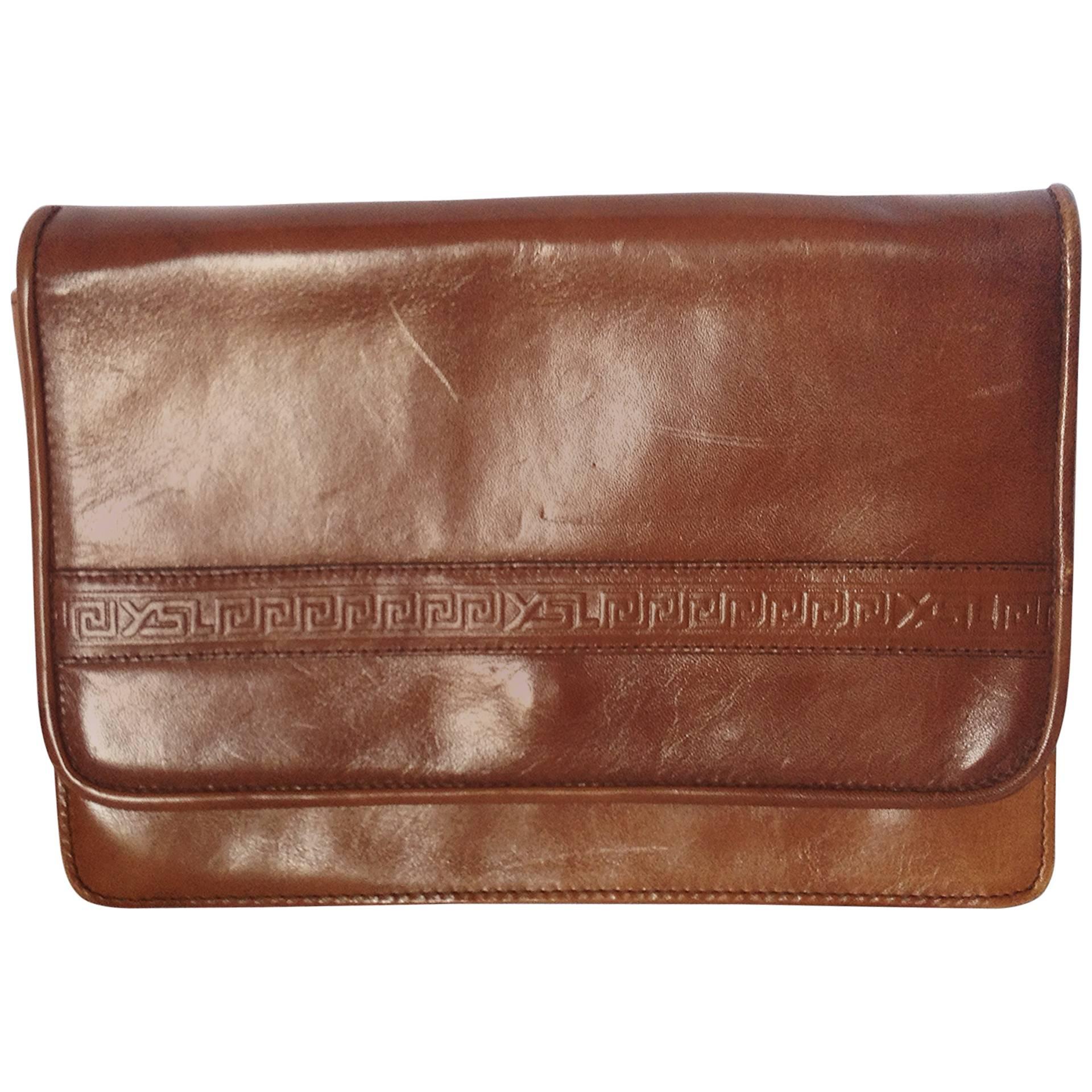 Vintage Yves Saint Laurent genuine brown leather mini document bag, clutch purse For Sale