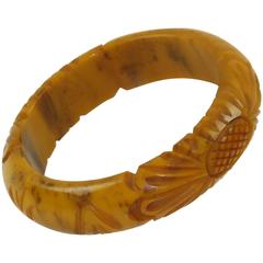Bakelite Deep Floral Carved Bracelet Bangle Banana Brown Marble 10