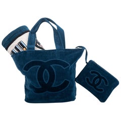 CHANEL Terry Cotton CC Beach Tote Towel Set Navy Blue Beige 481838