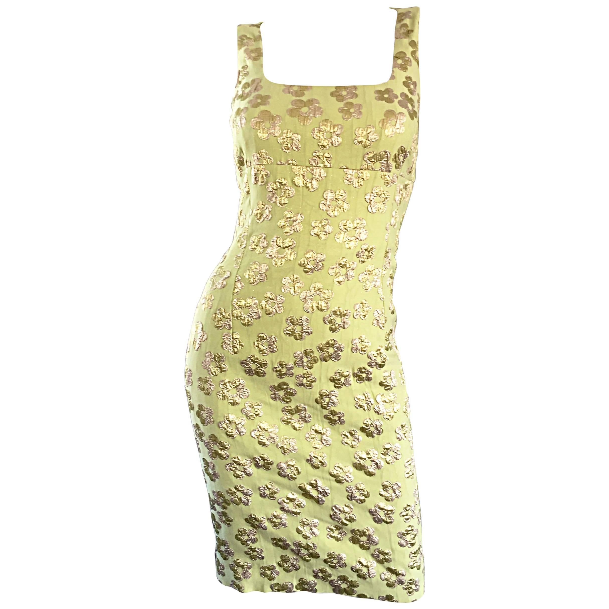 New Michael Kors Collection Mint Green + Gold Silk Plisse Flower Dress Size 2