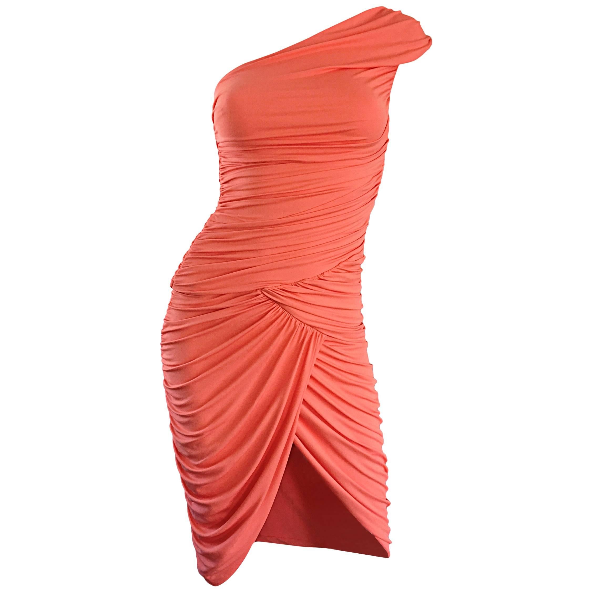 Michael Kors Collection Coral Jersey Ruched Grecian One Shoulder Toga Dress