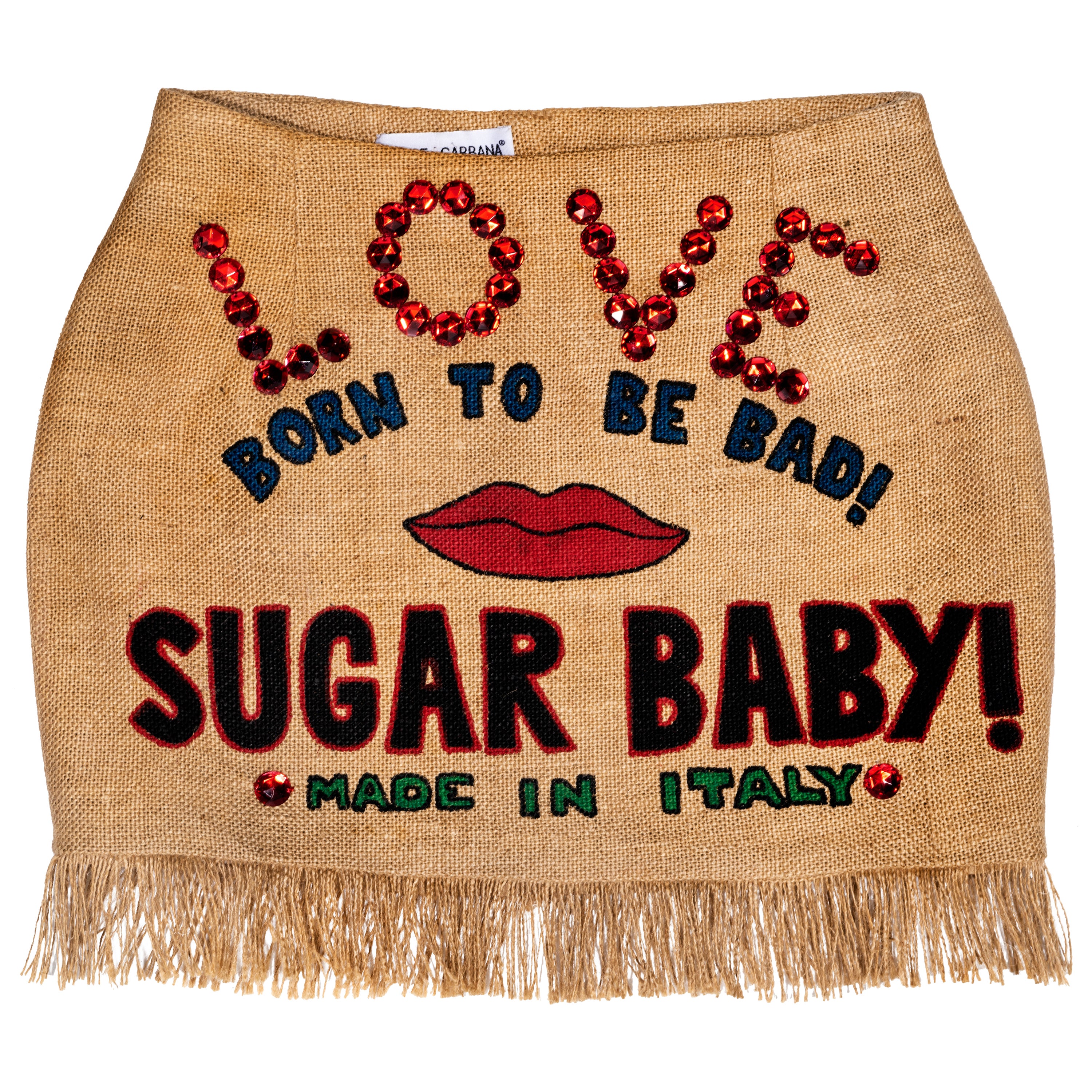 Dolce & Gabbana jute hand-painted 'Sugar Baby' mini skirt, ss 1992 For Sale