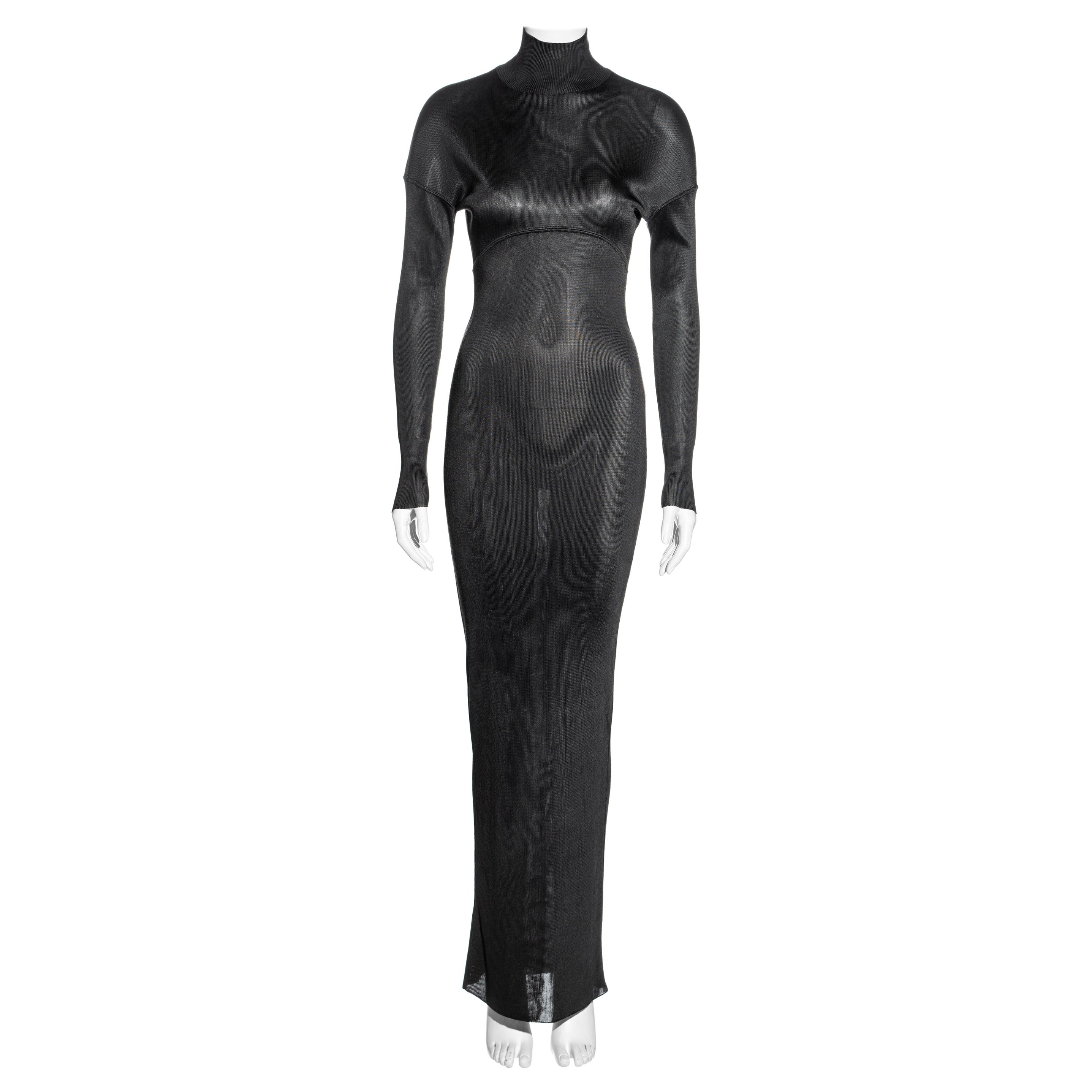 Azzedine Alaia charcoal acetate knit figure-hugging floor-length dress, fw 1986 For Sale