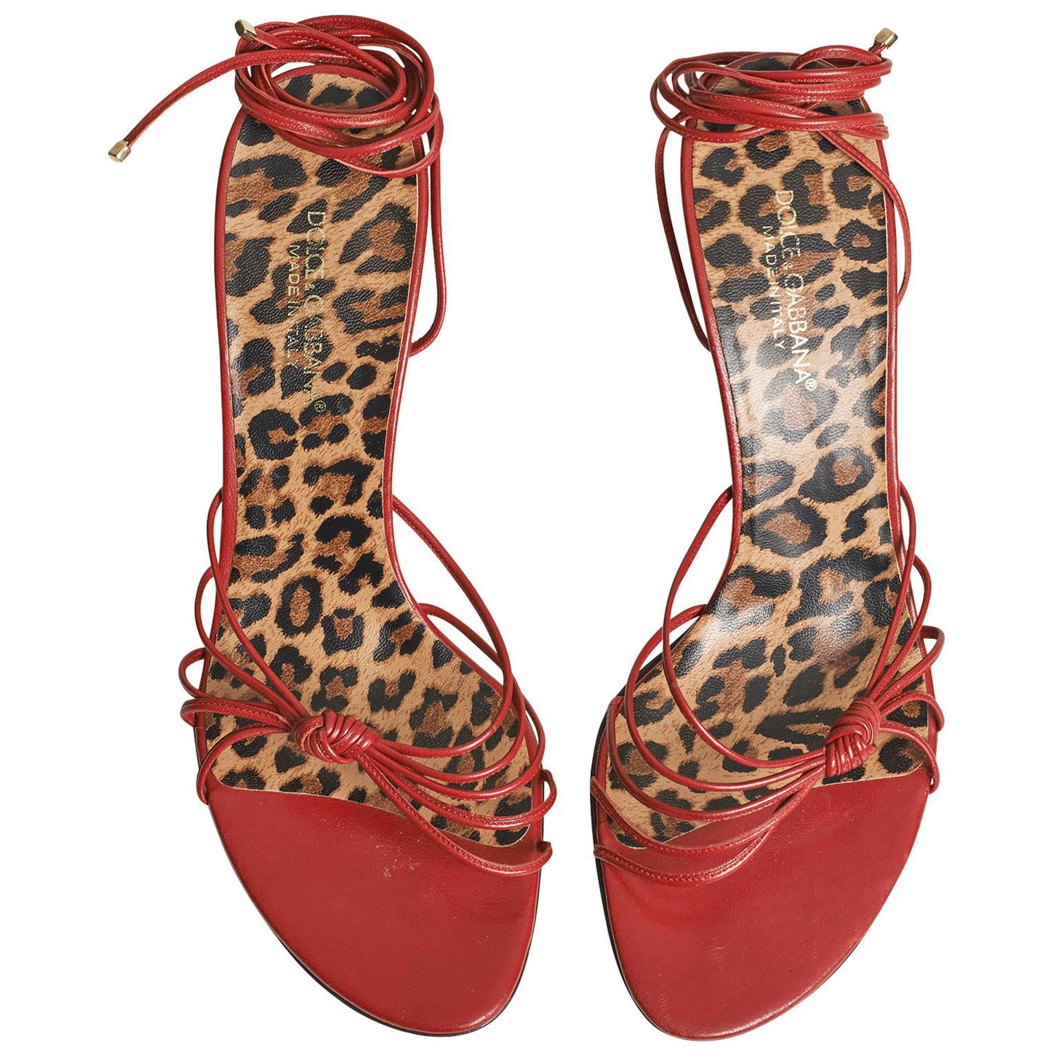 Dolce and Gabbana Red Leather Heeled Sandals UK Size 6 For Sale