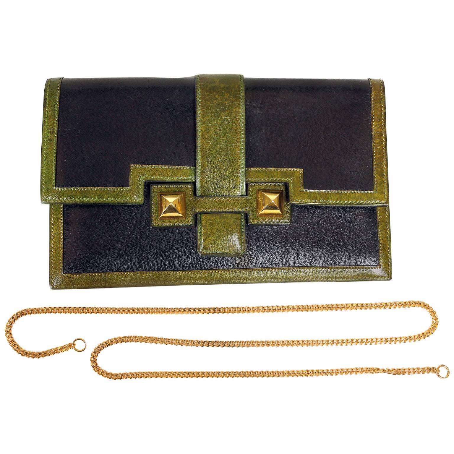 Hermès Black and Green Leather Clutch with chain strap For Sale