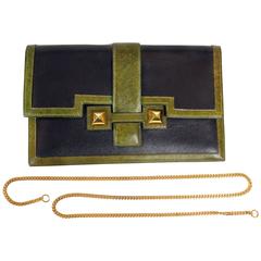 Hermès Black and Green Leather Clutch with chain strap