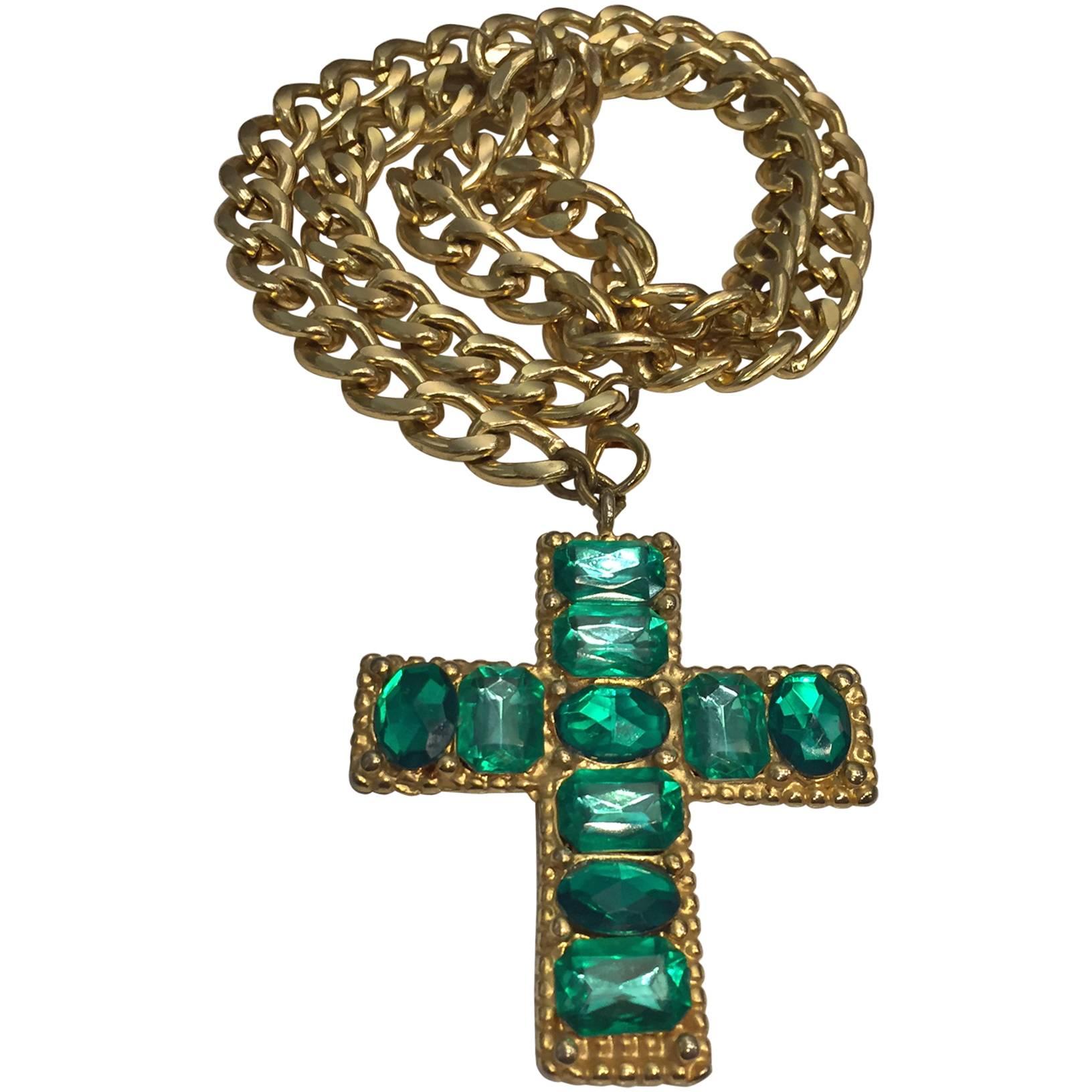 1980s Chunky Emerald Green Jeweled Cross on Gold-Tone Chain. 