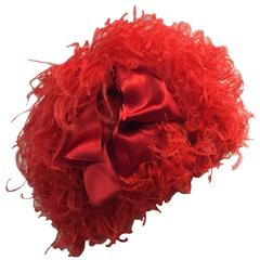 1960s Trébor Coral Red Curled Ostrich Feather Cocktail Hat 5