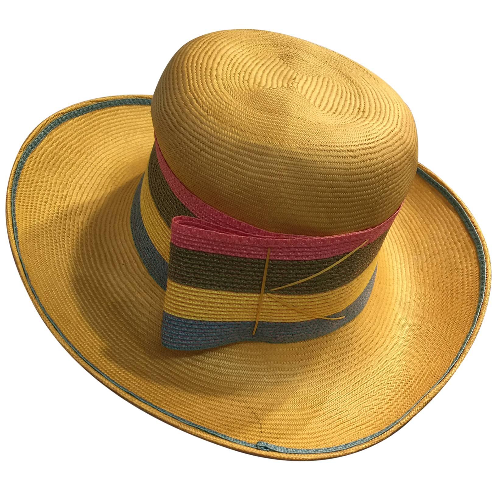 1960s Schiaparelli Yellow Straw Brimmed Hat w/ Striped Straw Band