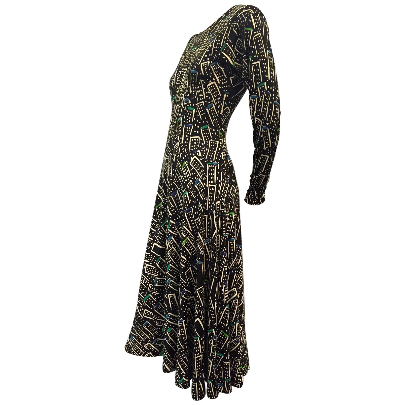 1970s Missoni "Ballet" Style Jersey Knit Dress w/ Abstract Skyscraper Print